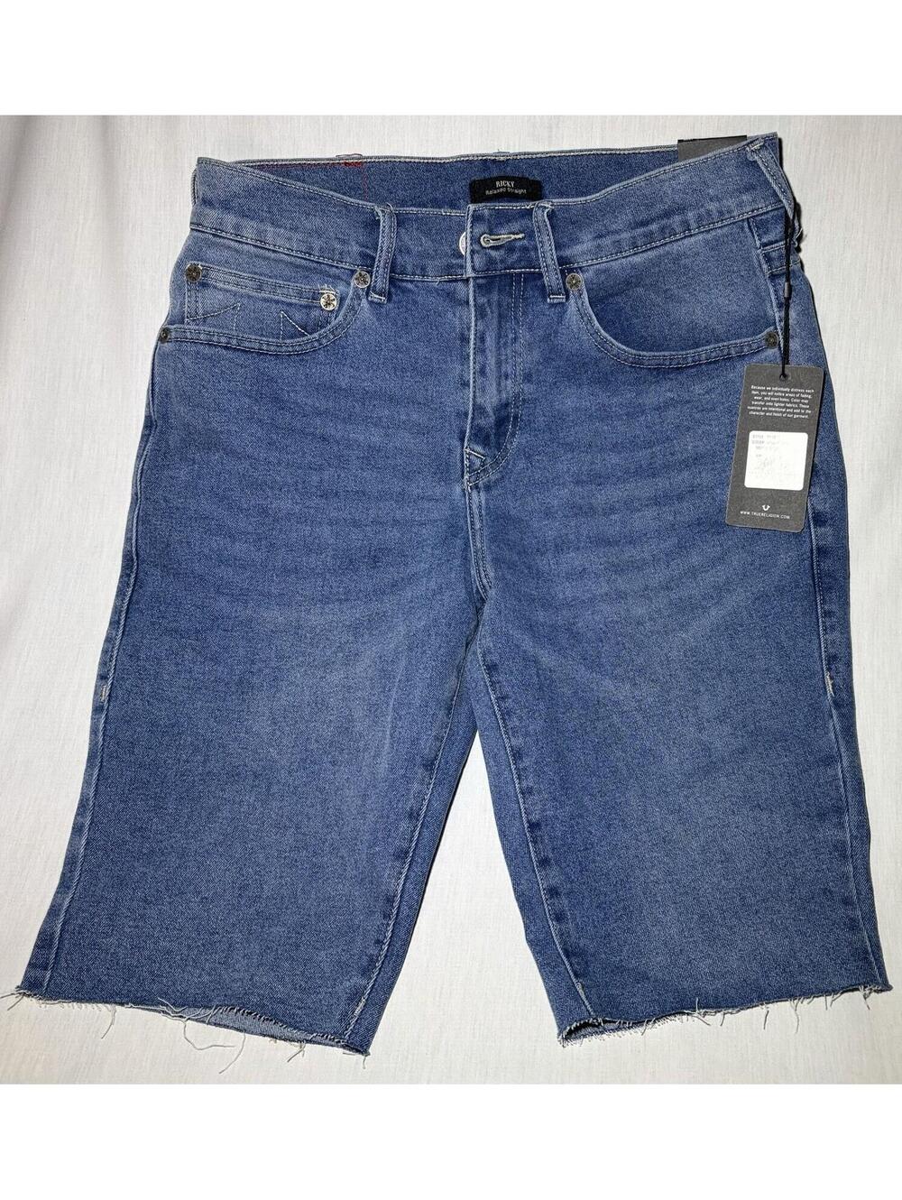 True Religion Ricky Mens Relaxed Blue Denim Shorts Raw Hem 5-Pocket Logo